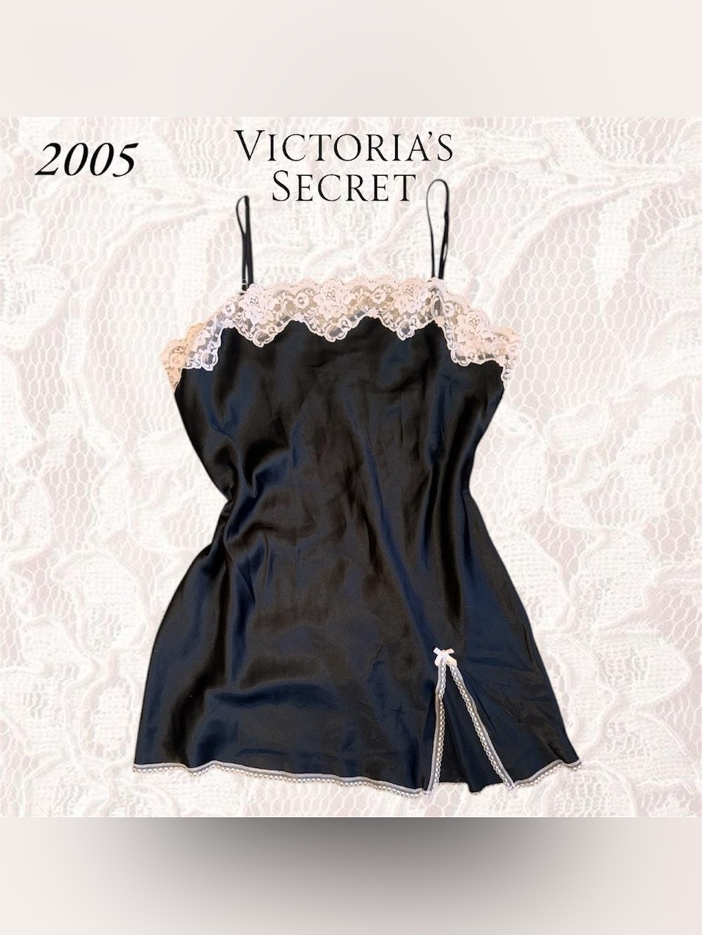 Early 2000s Vintage Victoria’s Secret Black Satin babydoll lace slip dress with